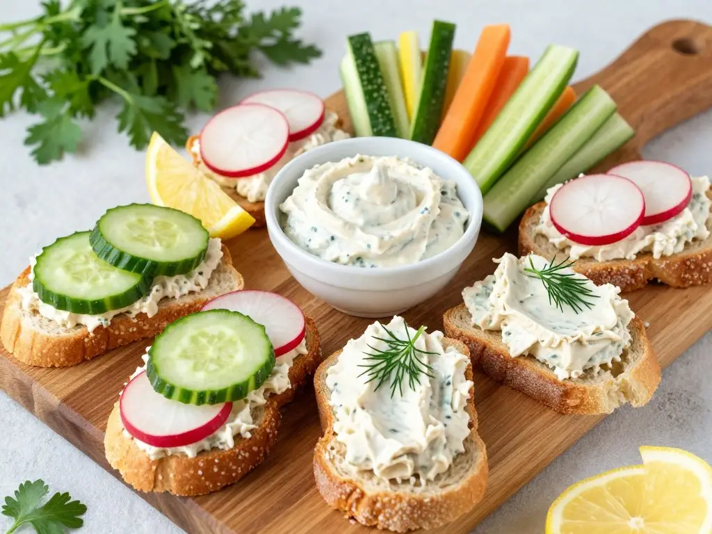 Pasta bezrybna z tofu podana na różne sposoby - na kanapkach, krakersach i jako dip