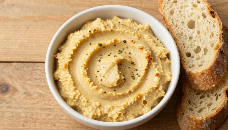 Pasta z pieczonego czosnku w miseczce z kromką chleba obok
