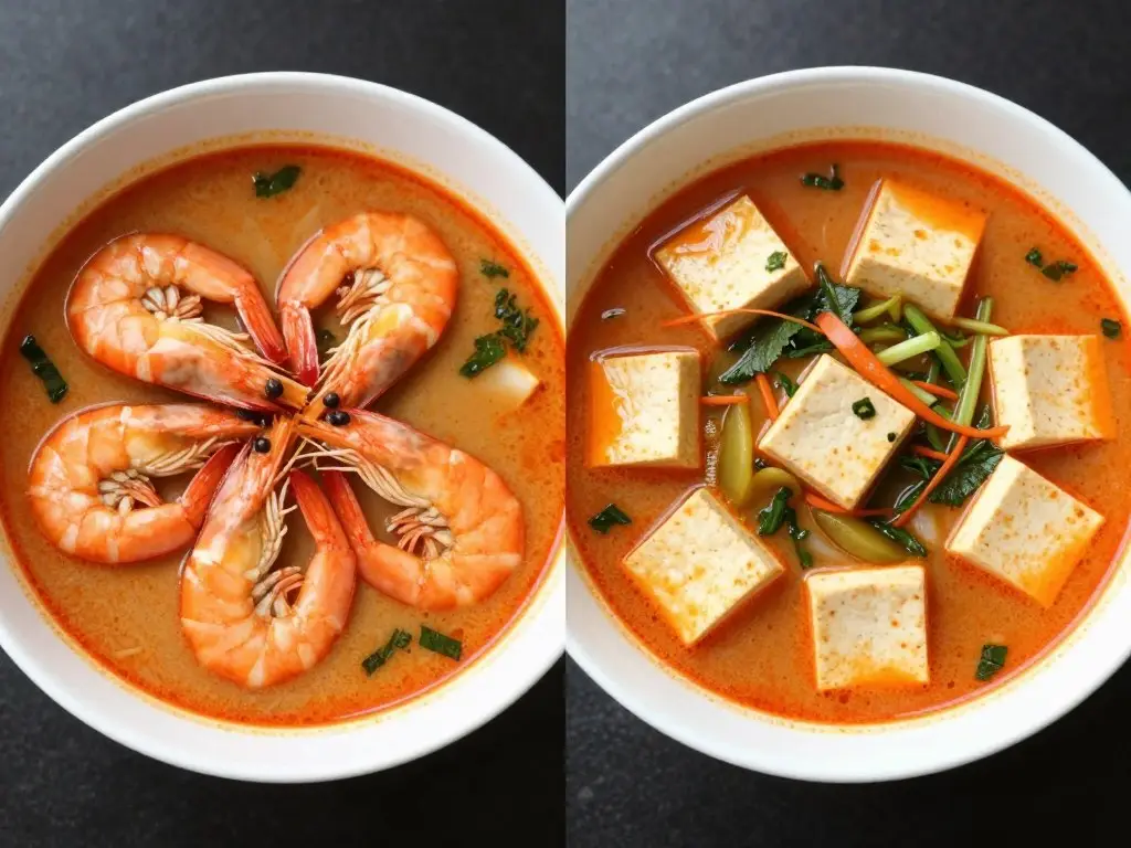 Porównanie klasycznej zupy Tom Yum z krewetkami i wegetariańskiej z tofu Porównanie klasycznej zupy Tom Yum z krewetkami i wegetariańskiej z tofu