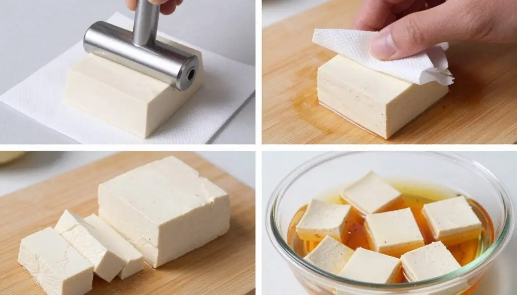 Proces przygotowania tofu - odsączanie, krojenie i marynowanie