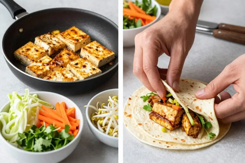 Proces przygotowania wege tacos z tofu i azjatyckimi składnikami