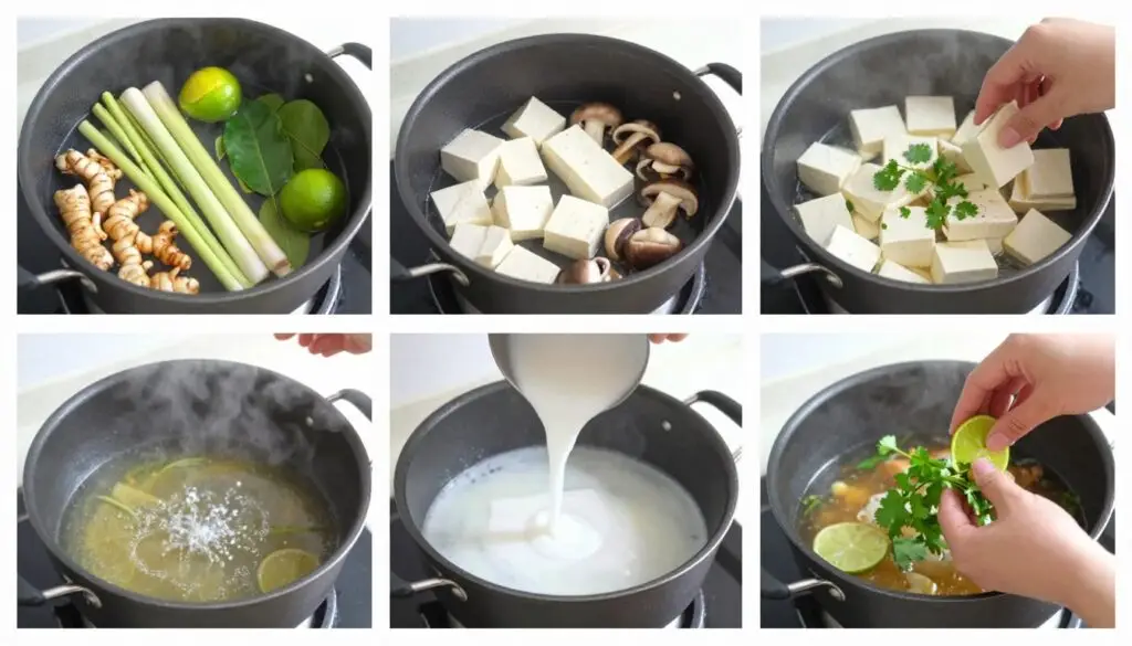 Proces przygotowania zupy tajskiej Tom Yum z tofu Proces przygotowania zupy tajskiej Tom Yum z tofu