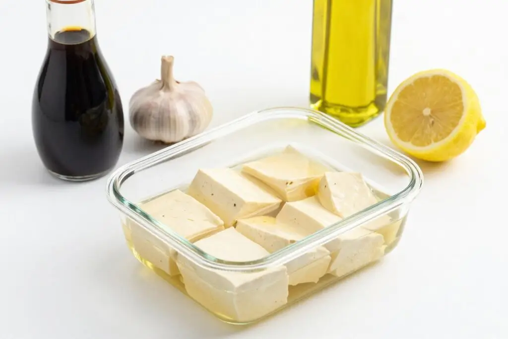 Prosta marynata do tofu w przezroczystym pojemniku z podstawowymi składnikami obok