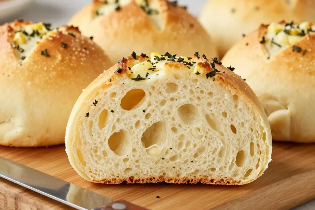 Przekrój przez idealnie upieczone bułeczki drożdżowe z czosnkiem i ziołami