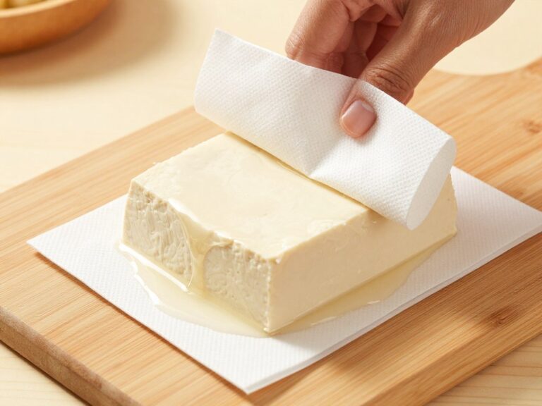 Przygotowanie tofu do marynowania - odsączanie wody z tofu przy pomocy ręczników papierowych i obciążenia