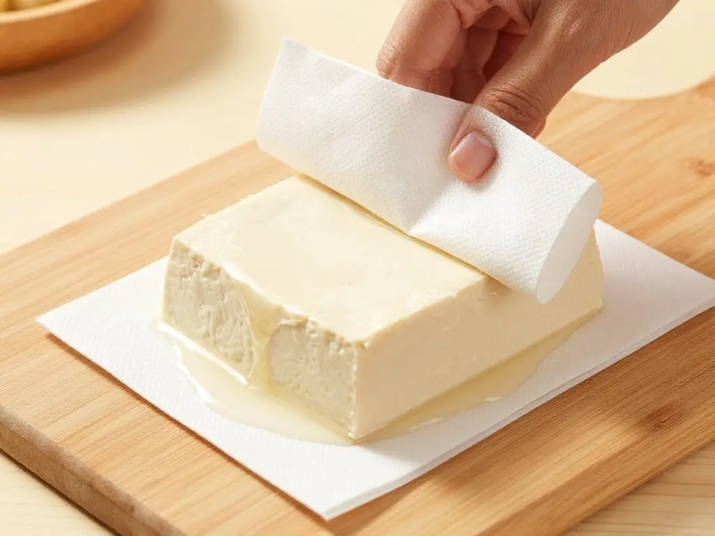 Przygotowanie tofu do marynowania - odsączanie wody z tofu przy pomocy ręczników papierowych i obciążenia