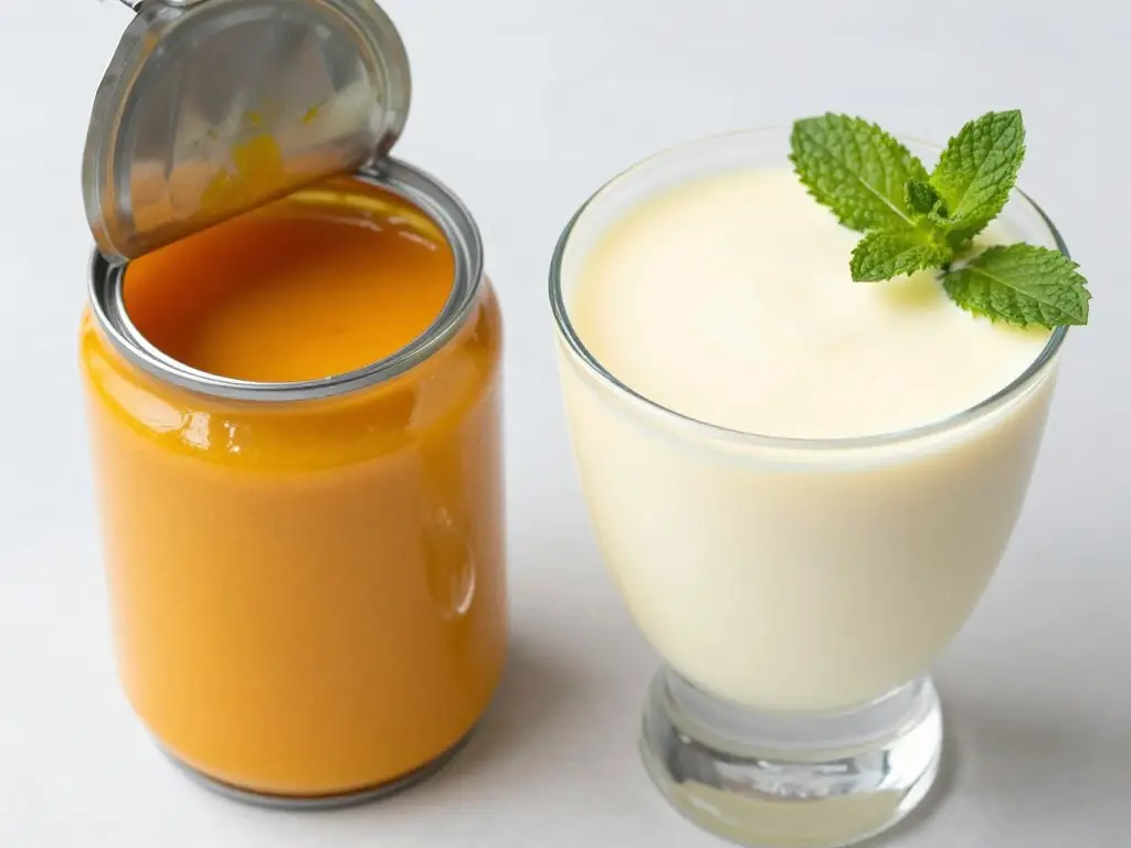 Puszka z pulpą mangową obok gotowego mango lassi