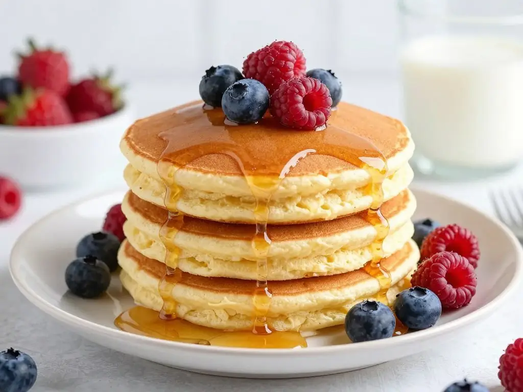Puszyste amerykańskie pancakes bez mleka z syropem klonowym