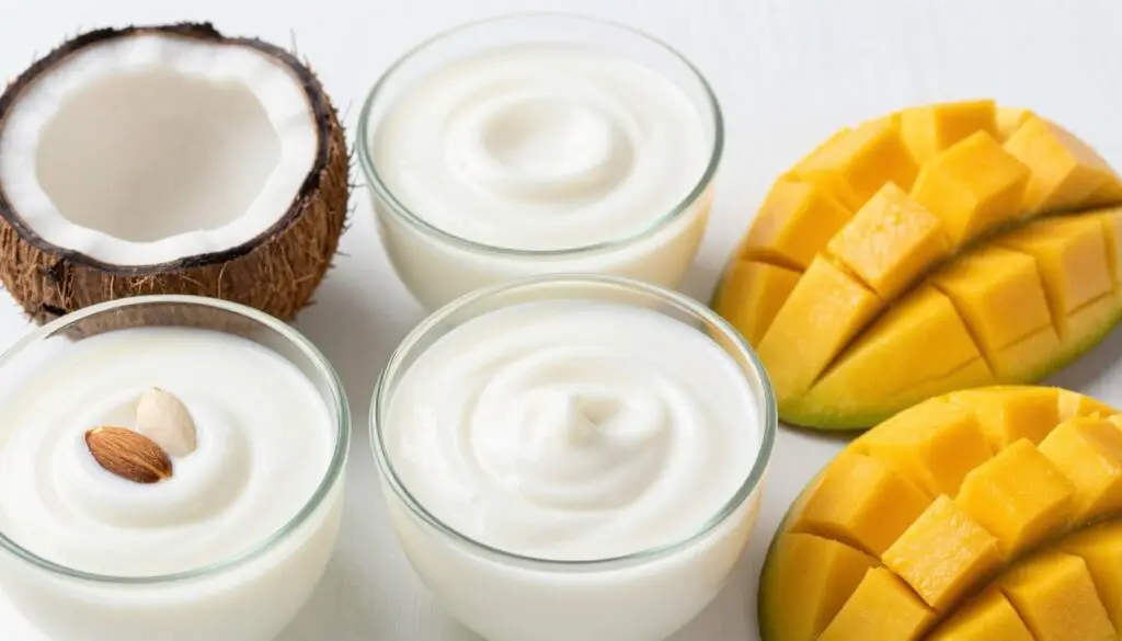 Różne rodzaje jogurtów roślinnych obok świeżego mango