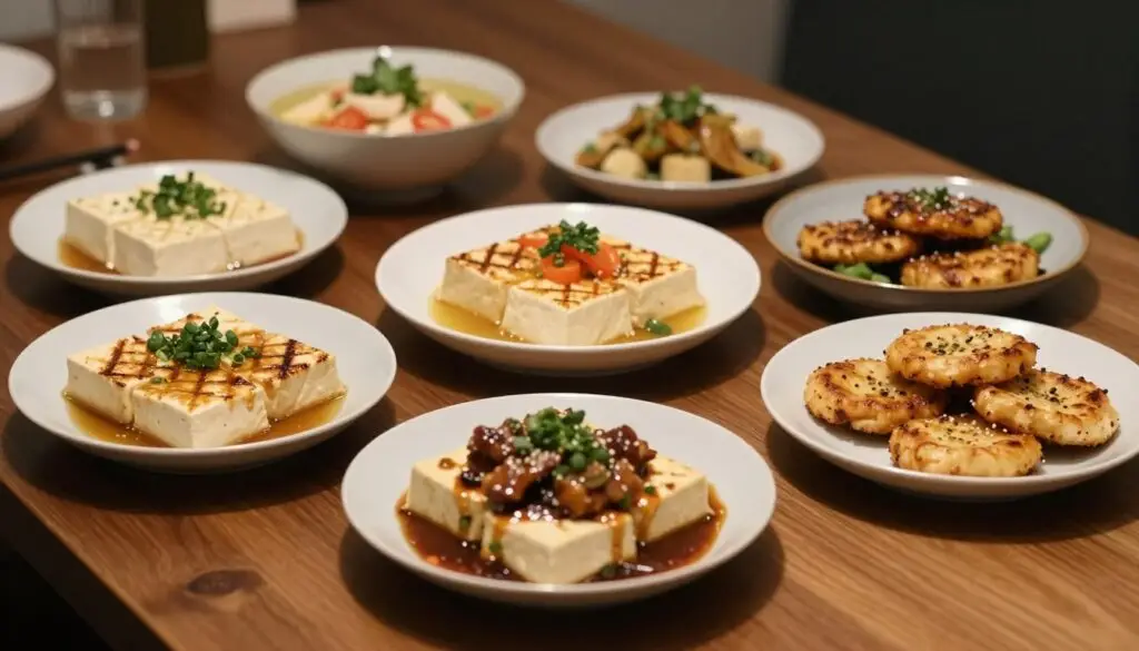 Różne rodzaje marynowanego tofu podane na eleganckim stole
