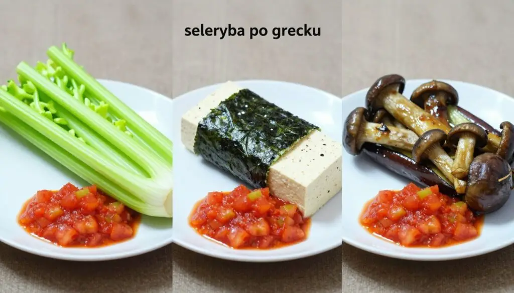 Różne warianty seleryby po grecku - z tofu, bocznikami i bakłażanem