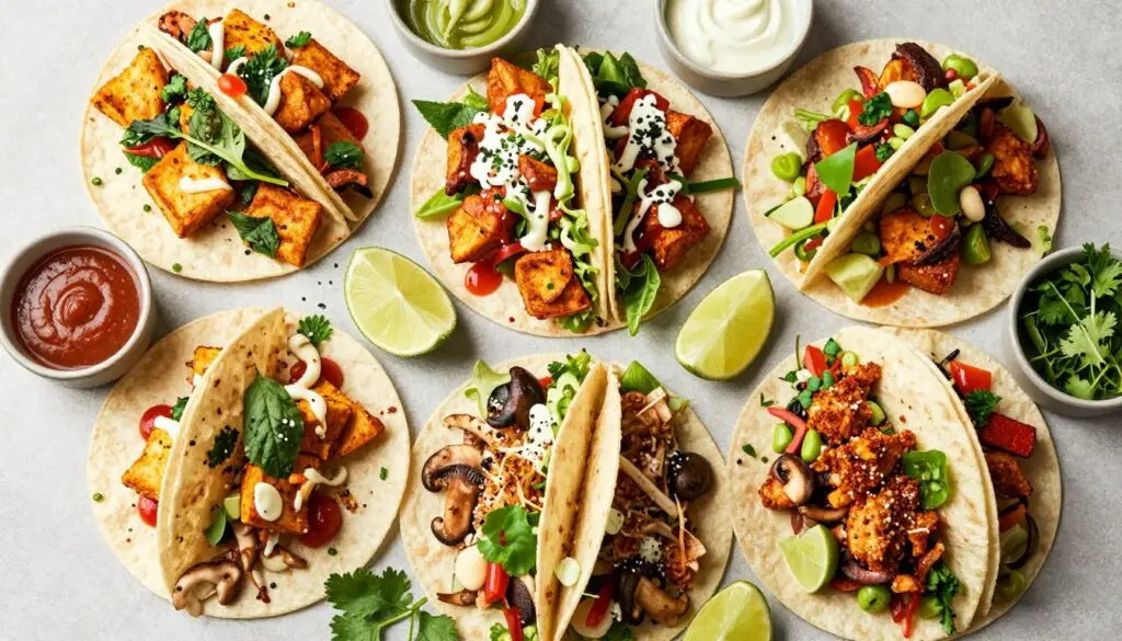 Różne warianty wege taco z azjatyckimi składnikami podane na stole
