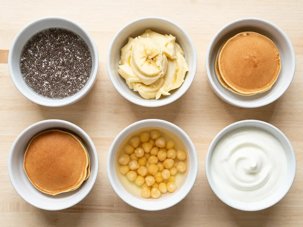 Różne zamienniki jajek do racuchów: nasiona chia, banan, aquafaba i jogurt roślinny