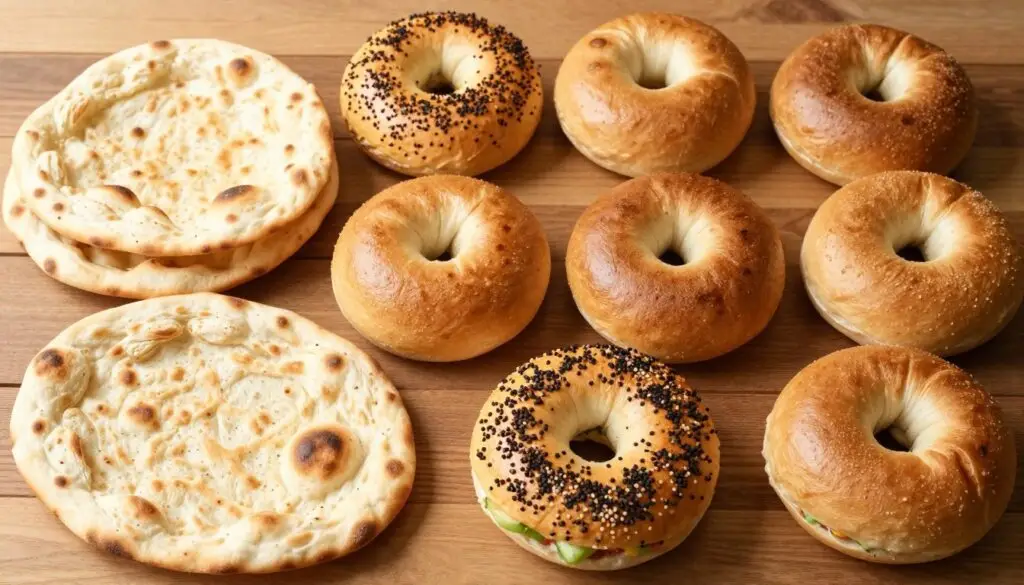 Różnorodne domowe wypieki - chlebki naan i bajgle z różnymi dodatkami