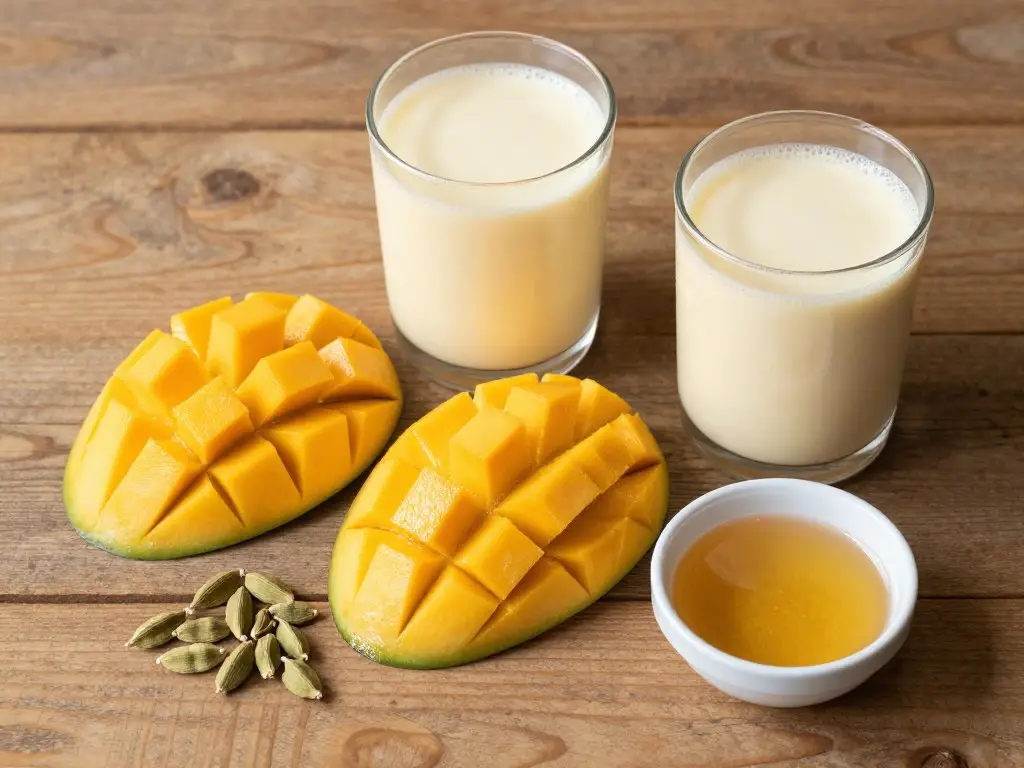 Składniki potrzebne do przygotowania mango lassi: świeże mango, mleczko kokosowe i przyprawy