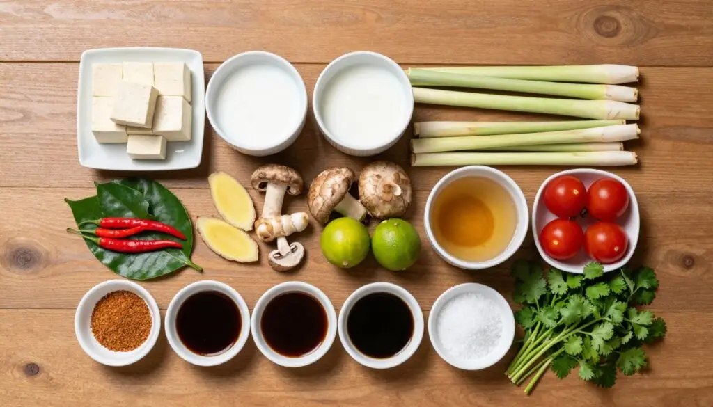 Składniki potrzebne do przygotowania zupy tajskiej Tom Yum z tofu Składniki potrzebne do przygotowania zupy tajskiej Tom Yum z tofu
