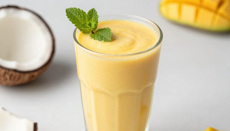 Szklanka wegańskiego mango lassi z mleczkiem kokosowym ozdobiona listkiem mięty