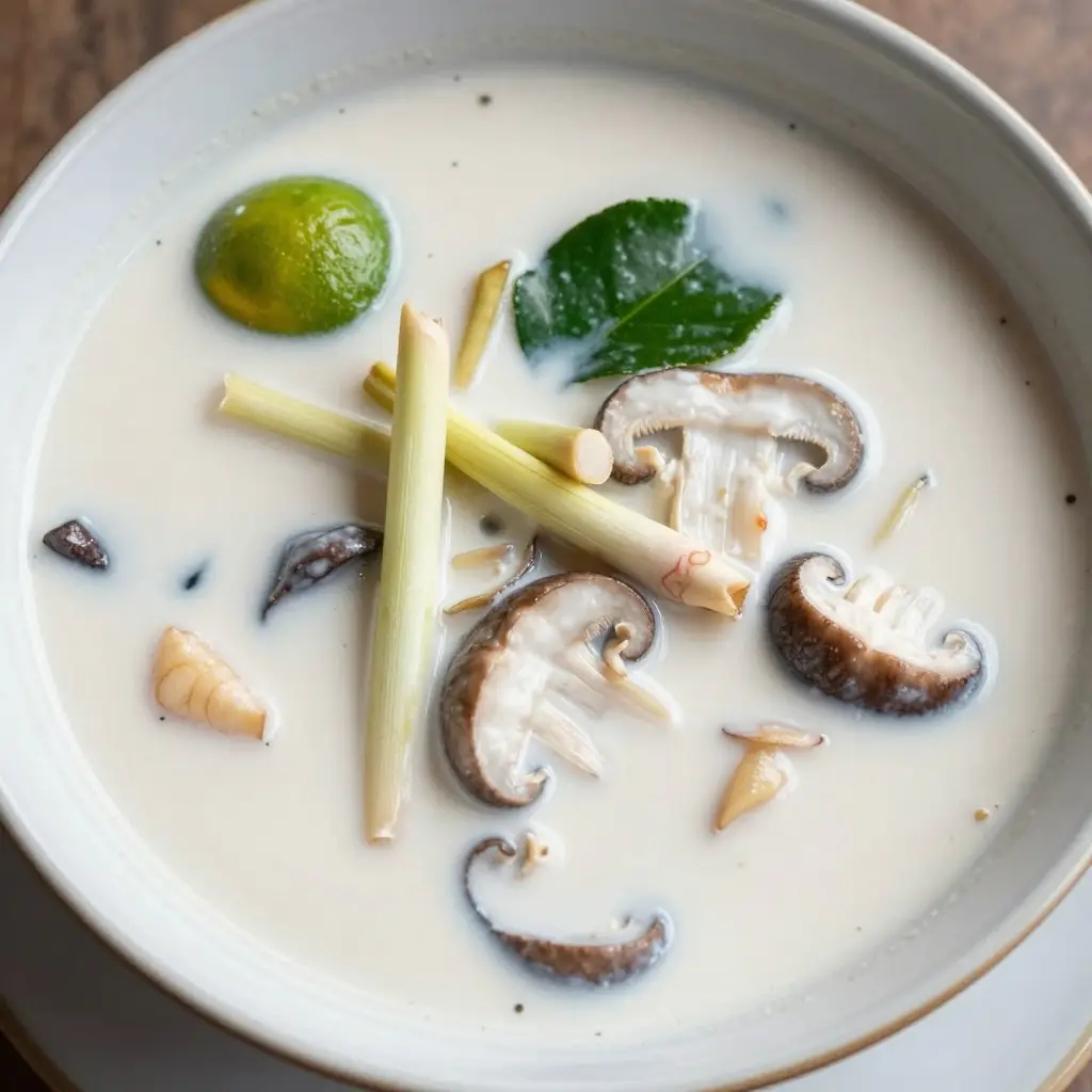 Tajska zupa tom kha z mlekiem kokosowym i grzybami