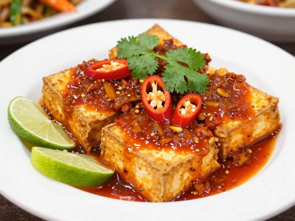 Tofu marynowane w sosie sweet chilli na talerzu z warzywami i limonką
