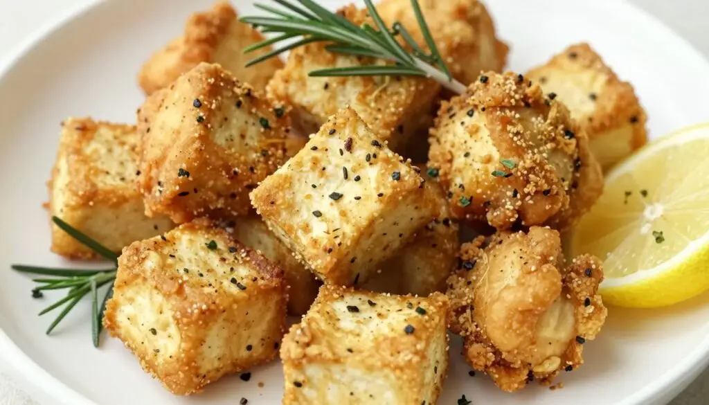 Tofu w marynacie przypominającej kurczaka na talerzu z ziołami i cytryną