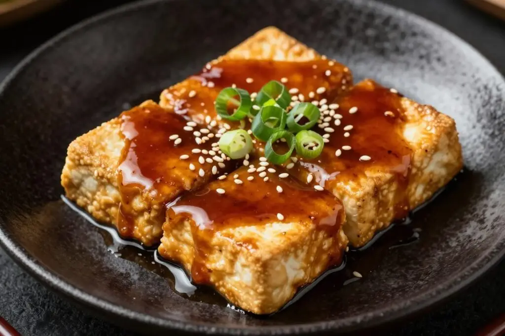 Tofu w marynacie teriyaki na talerzu z sezamem i zieloną cebulką