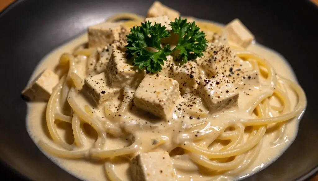 Wegańska carbonara z tofu na talerzu z widoczną kremową konsystencją sosu