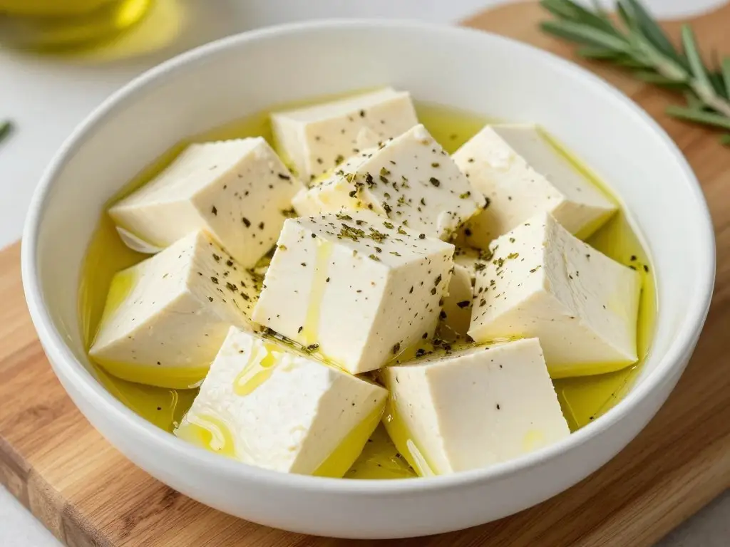 Wegańska feta z tofu w misce z ziołami