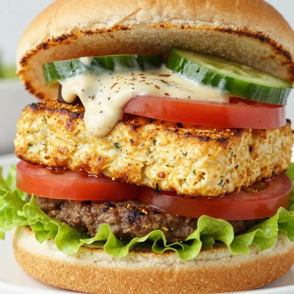 Wegański burger z kotletem z tofu, warzywami i sosem w bułce