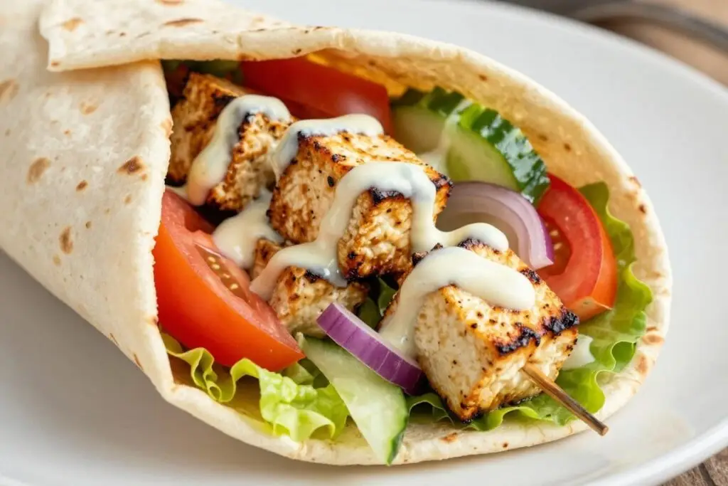 Wegański kebab z tofu i warzywami w chlebku pita z sosem