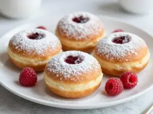 Wegańskie pączki posypane cukrem pudrem i nadziewane dżemem
