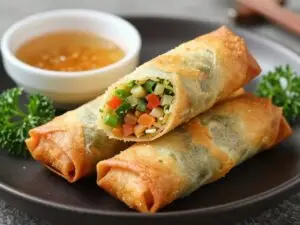 Wegańskie sajgonki z tofu ułożone na talerzu z sosem do maczania i świeżymi ziołami