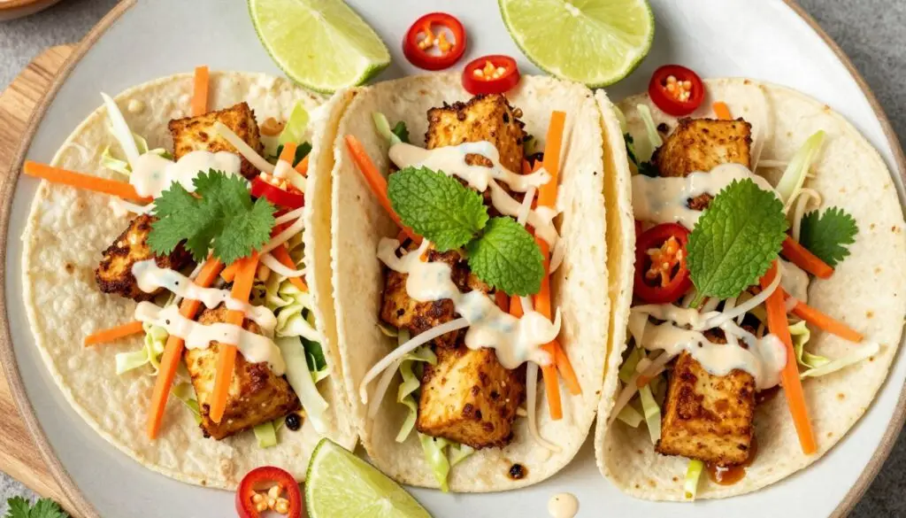 Wege tacos z tofu i azjatyckimi dodatkami na talerzu