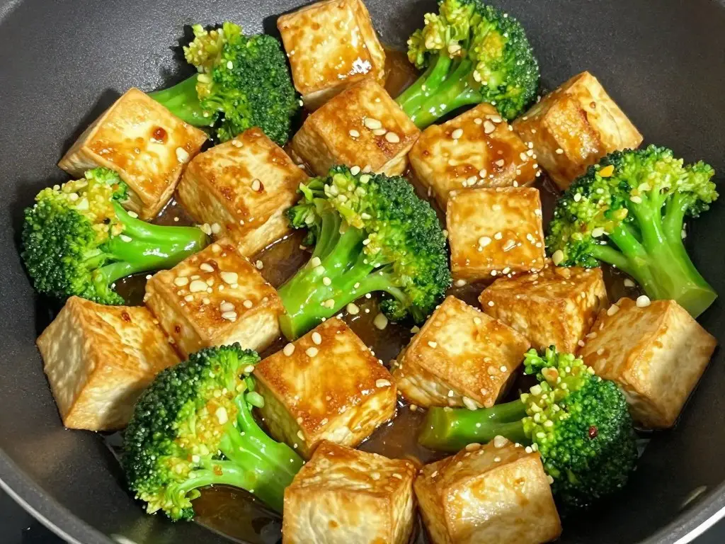 Zbliżenie na smażone tofu z brokułami w sosie sojowym