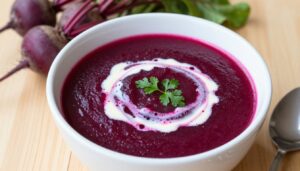 Zupa krem z pieczonego buraka w białej misce z dodatkiem śmietany i świeżych ziół
