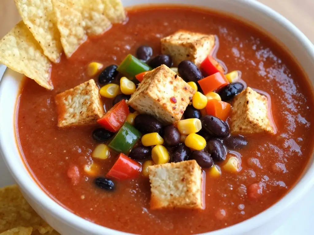Zupa meksykańska z kostkami tofu, fasolą i kukurydzą w głębokim talerzu z nachos na boku