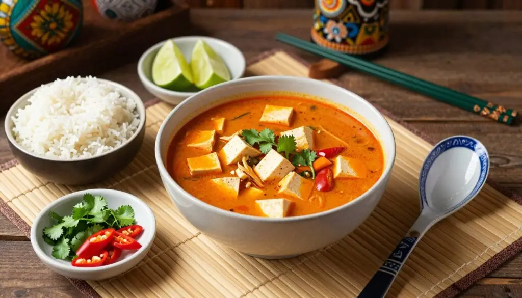 Zupa tajska Tom Yum z tofu podana z dodatkami Zupa tajska Tom Yum z tofu podana z dodatkami