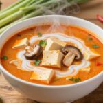 Zupa tajska Tom Yum z tofu w tradycyjnej tajskiej misce z aromatycznymi składnikami dookoła