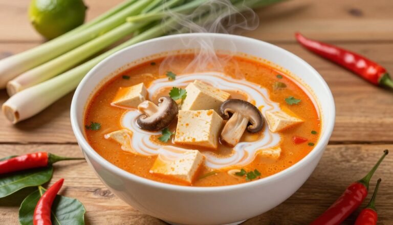 Zupa tajska Tom Yum z tofu w tradycyjnej tajskiej misce z aromatycznymi składnikami dookoła